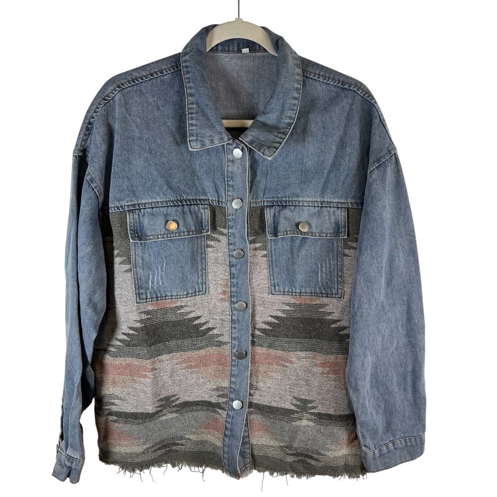 Womens XL‎ Southwestern Aztec Woven Denim Jacket Mixed Media Frayed Hem Blue